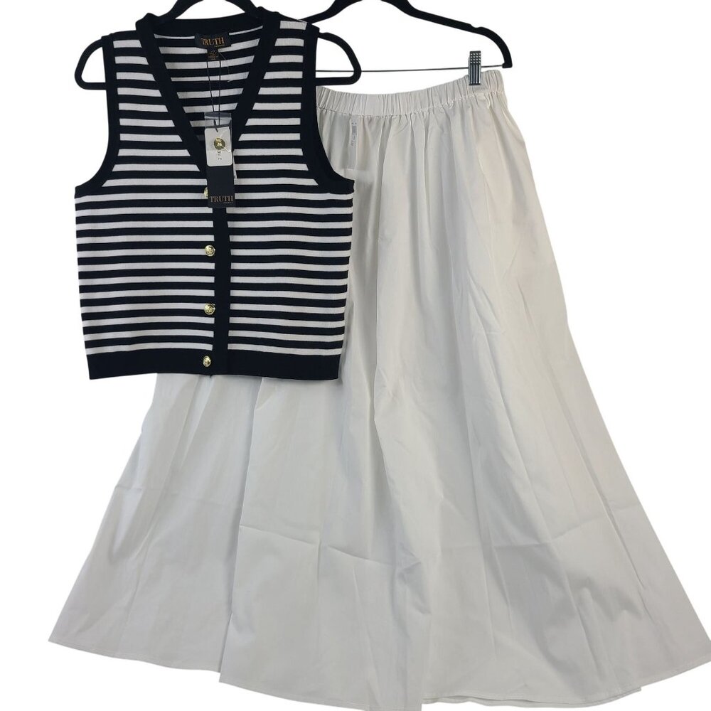 NWT Truth Striped Knit Vest & White Maxi Skirt Set With Gold Buttons Womens Sz L